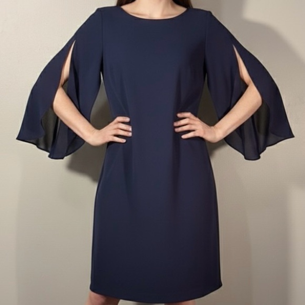 AGB Dress Navy Blue Shift Dress Split Flutter Sleeve Boat Neck 12 EUC Event Gala